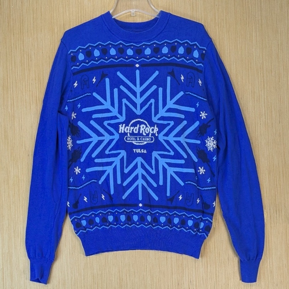 Hard Rock Hotel Casino Tulsa Mens Novelty Holiday Rock Sweater Size Medium Blue